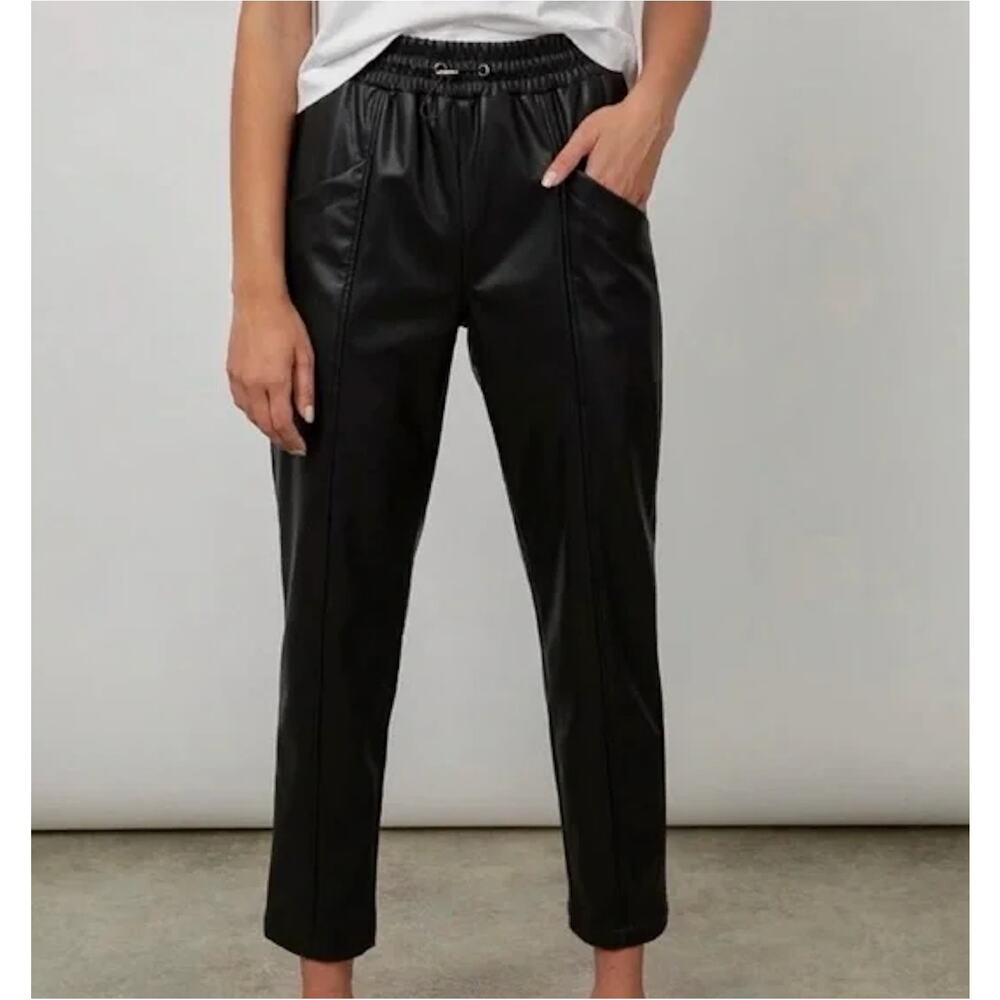 RAILS Jayden Faux Leather Smocked Waist Cropped Drawstring Pants S Black Goth